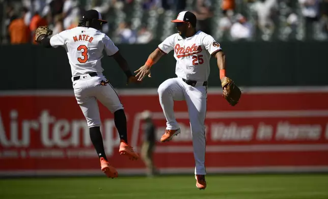 Baltimore Orioles' Anthony Santander (25) and Jorge Mateo (3) celebrate after a baseball game against the New York Yankees, Thursday, May 2, 2024, in Baltimore. The Orioles won 7-2. (AP Photo/Nick Wass)