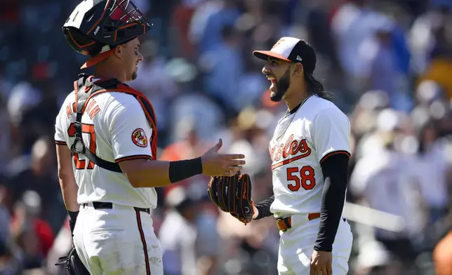 Baltimore Orioles relief pitcher Cionel Perez (58) celebrates with catcher James McCann, left, after a baseball game against the New York Yankees, Thursday, May 2, 2024, in Baltimore. The Orioles won 7-2. (AP Photo/Nick Wass)