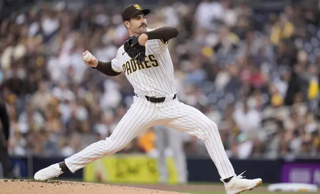 San Diego Padres starting pitcher Dylan Cease works against a New York Yankees batter during the first inning of a baseball game Saturday, May 25, 2024, in San Diego. (AP Photo/Gregory Bull)