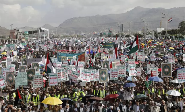 Houthi supporters attend a rally against the U.S.-led strikes against Yemen and in support of Palestinians in the Gaza Strip, in Sanaa, Yemen, Friday, May 10, 2024. (AP Photo/Osamah Abdulrahman)