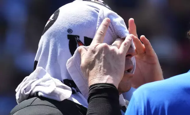 Home plate umpire Carlos Torres cools off during the ninth inning of a baseball game between the St. Louis Cardinals and the Chicago Cubs in Chicago, Sunday, June 16, 2024. (AP Photo/Nam Y. Huh)