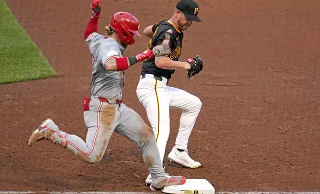Pittsburgh Pirates starting pitcher Bailey Falter, right, beats Cincinnati Reds' Jake Fraley to first for the out during the fifth inning of a baseball game in Pittsburgh, Tuesday, June 18, 2024. (AP Photo/Gene J. Puskar)