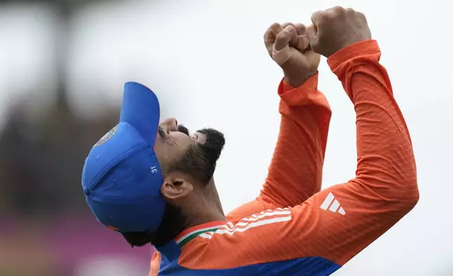 India's Virat Kohli celebrates after their win against South Africa in the ICC Men's T20 World Cup final cricket match at Kensington Oval in Bridgetown, Barbados, Saturday, June 29, 2024. (AP Photo/Ricardo Mazalan)