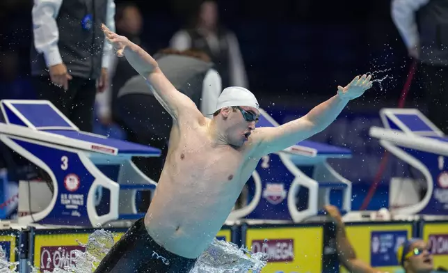 Matthew Fallon reacts after the Men's 200 breaststroke finals Wednesday, June 19, 2024, at the US Swimming Olympic Trials in Indianapolis. (AP Photo/Michael Conroy)