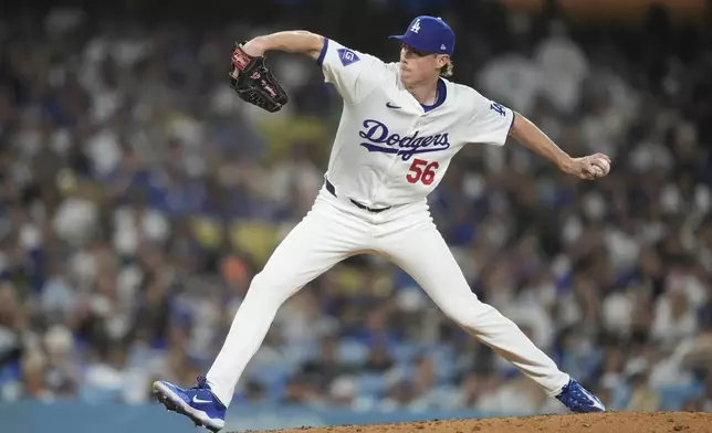 Los Angeles Dodgers relief pitcher Ryan Yarbrough (56) throws during the sixth inning of a baseball game against the Los Angeles Angels in Los Angeles, Friday, June 21, 2024. (AP Photo/Ashley Landis)