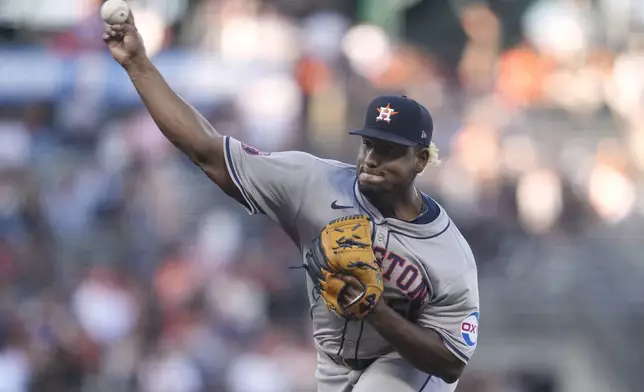 Houston Astros pitcher Ronel Blanco works against the San Francisco Giants during the first inning of a baseball game in San Francisco, Tuesday, June 11, 2024. (AP Photo/Jeff Chiu)