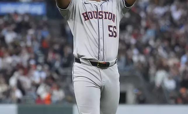 Houston Astros pitcher Ronel Blanco reacts after striking out San Francisco Giants' Matt Chapman to end the sixth inning of a baseball game in San Francisco, Tuesday, June 11, 2024. (AP Photo/Jeff Chiu)