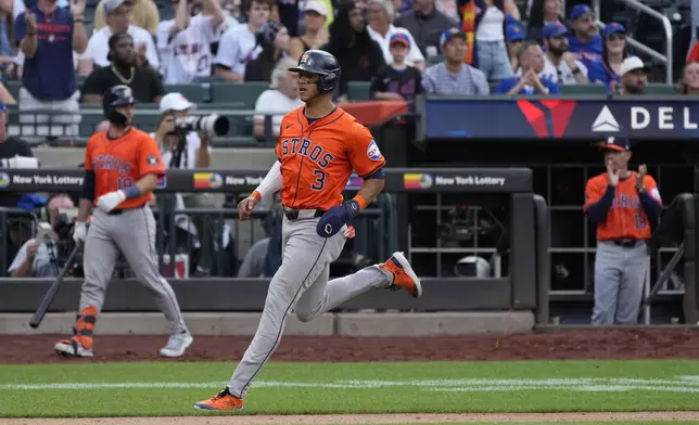 Houston Astros' Jeremy Peña (3)runs to score on a single hit by Jon Singleton during the fourth inning of a baseball game against the New York Mets, Saturday, June 29, 2024, in New York. (AP Photo/Pamela Smith)