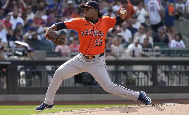 Houston Astros pitcher Framber Valdez throws during the first inning of a baseball game against the Houston Astros, Saturday, June 29, 2024, in New York. (AP Photo/Pamela Smith)