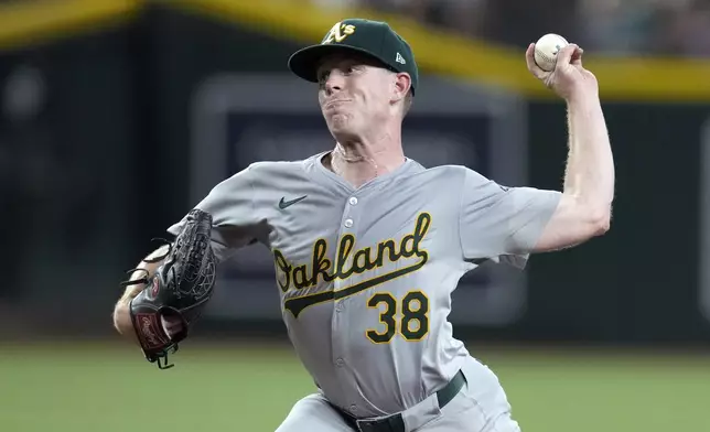 Oakland Athletics starting pitcher JP Sears throws against the Arizona Diamondbacks during the first inning of a baseball game Friday, June 28, 2024, in Phoenix. (AP Photo/Ross D. Franklin)