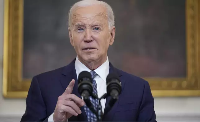 President Joe Biden delivers remarks on the verdict in former President Donald Trump's hush money trial and on the Middle East, from the State Dining Room of the White House, Friday, May 31, 2024, in Washington. (AP Photo/Evan Vucci)