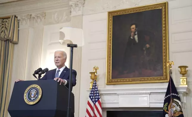 President Joe Biden delivers remarks on the verdict in former President Donald Trump's hush money trial and on the Middle East, from the State Dining Room of the White House, Friday, May 31, 2024, in Washington. (AP Photo/Evan Vucci)