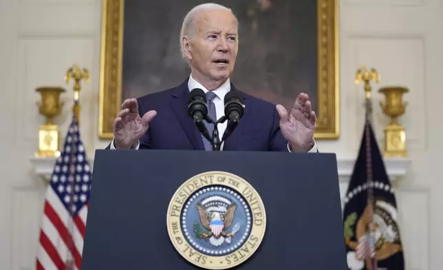 President Joe Biden delivers remarks on the verdict in former President Donald Trump's hush money trial and on the Middle East, from the State Dining Room of the White House, Friday, May 31, 2024, in Washington. (AP Photo/Evan Vucci)