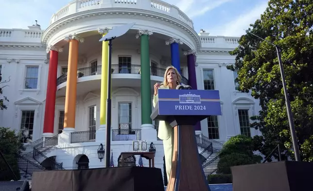 First lady Jill Biden speaks at a Pride Month celebration on the South Lawn of the White House in Washington, Wednesday, June 26, 2024. (AP Photo/Mark Schiefelbein)