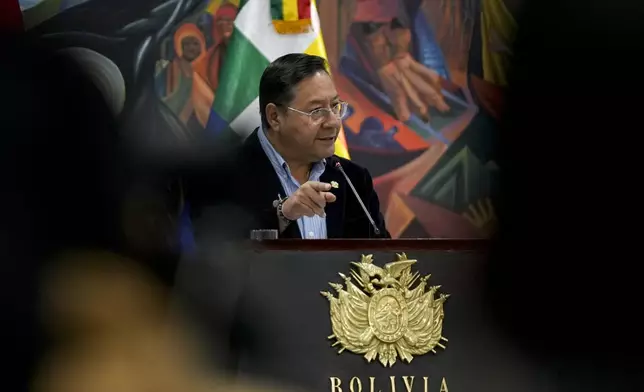 Bolivian President Luis Arce speaks during a press conference the day after troops stormed the presidential palace in what he called a coup attempt, in La Paz, Bolivia, Thursday, June 27, 2024. (AP Photo/Juan Karita)