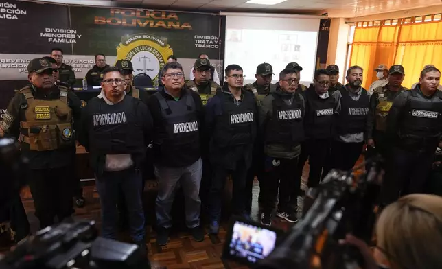 People arrested in connection with the previous day's uprising are presented by police to the press in La Paz, Bolivia, Thursday, June 27, 2024. The government announced more arrests over their alleged involvement in what President Luis Arce called a coup attempt. (AP Photo/Juan Karita)
