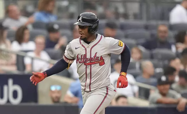 Atlanta Braves' Ozzie Albies runs the bases after hitting a home run against the New York Yankees during the first inning of a baseball game Friday, June 21, 2024, in New York. (AP Photo/Frank Franklin II)