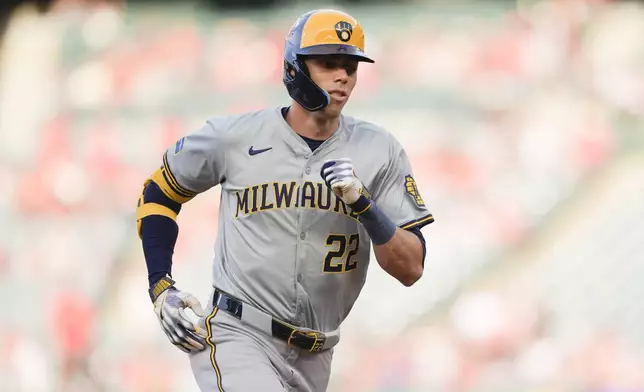 Milwaukee Brewers' Christian Yelich runs the bases on a solo home run against the Los Angeles Angels during the first inning of a baseball game Tuesday, June 18, 2024, in Anaheim, Calif. (AP Photo/Ryan Sun)