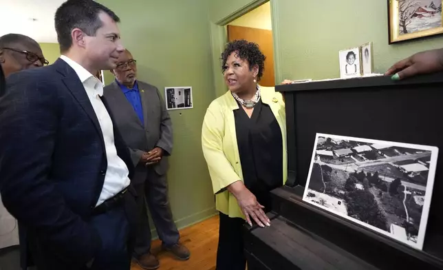 U.S. Transportation Secretary Pete Buttigieg, left, U.S. Rep. Bennie Thompson, D-Miss., center, listen as Reena Evers-Everette, speaks about her life as the daughter of assassinated civil rights leader Medgar Evers, during a tour of their home, Friday, June 21, 2024, in Jackson, Miss. The house, the Medgar and Myrlie Evers National Monument, was one of the stops Buttigieg made as he spent Thursday and Friday in Mississippi, promoting projects that will be helped or will be receiving money from a federal infrastructure act. (AP Photo/Rogelio V. Solis, Pool)