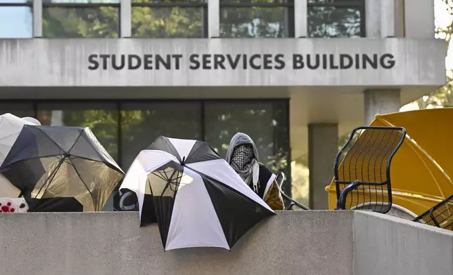 Pro-Palestinian student protesters barricade the entrance to the student services building while awaiting for their divestment demands of California State University, Los Angeles administration on the campus in Los Angeles on Wednesday, June 12, 2024. (Keith Birmingham/The Orange County Register via AP)