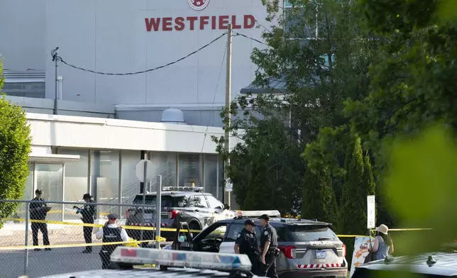 Toronto police officers investigate after several people died in the lobby of an office space in Toronto, Monday, June 17, 2024. Police responded to reports of gunshots in an area near a school and a daycare. (Arlyn McAdorey/The Canadian Press via AP)