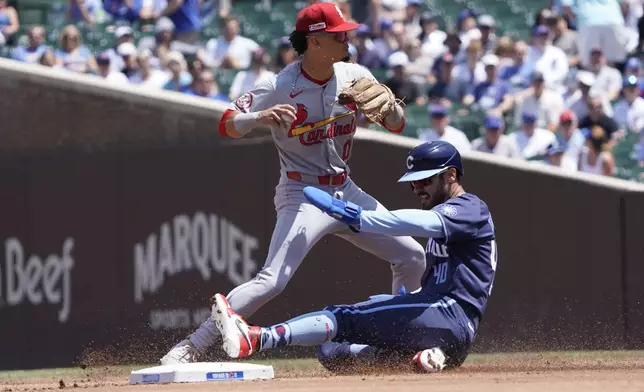 St. Louis Cardinals shortstop Masyn Winn, top, forces out Chicago Cubs' Mike Tauchman at second base during the first inning of a baseball game Friday, June 14, 2024, in Chicago. (AP Photo/David Banks)