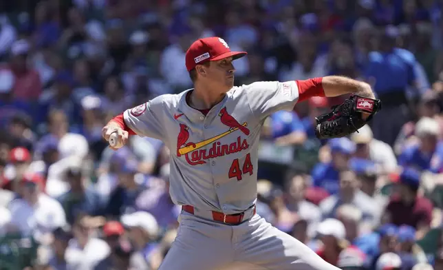 St. Louis Cardinals pitcher Kyle Gibson throws the ball against the Chicago Cubs during the first inning of a baseball game Friday, June 14, 2024, in Chicago. (AP Photo/David Banks)