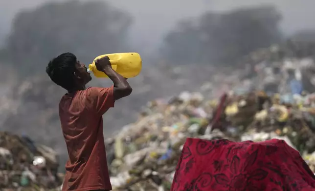 A waste picker drinks water while working during a heat wave at a garbage dump on the outskirts of Jammu, India, Wednesday, June 19, 2024. Waste pickers endure a miserable job that is growing more dangerous as climate change leads to rising heat. (AP Photo/Channi Anand)