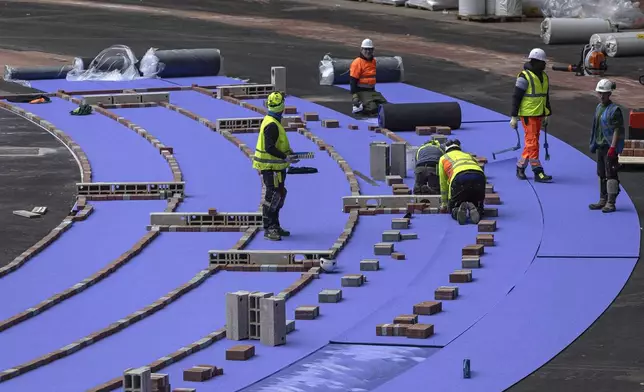 FILE - The athletics track at the Olympic Stadium, currently known as Stade de France, is installed, in Saint-Denis, north of Paris, April 9, 2024. (AP Photo/Aurelien Morissard, File)