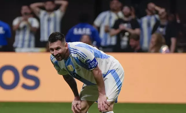 Argentina's Lionel Messi reacts after missing a chance during a Copa America Group A soccer match against Canada in Atlanta, Thursday, June 20, 2024. (AP Photo/Mike Stewart)