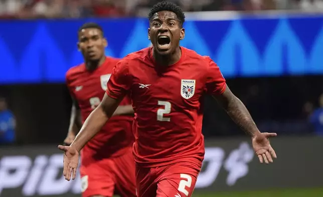 Panama's Cesar Blackman celebrates after scoring his side's first goal against United States during a Copa America Group C soccer match in Atlanta, Thursday, June 27, 2024. (AP Photo/Mike Stewart)