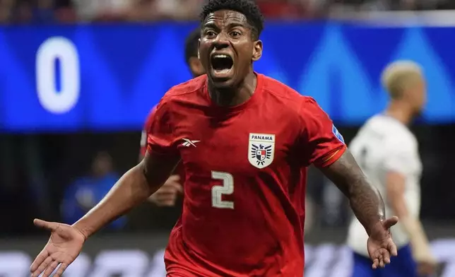 Panama's Cesar Blackman celebrates after scoring the equalizer against the United States during a Copa America Group C soccer match in Atlanta, Thursday, June 27, 2024. (AP Photo/Mike Stewart)
