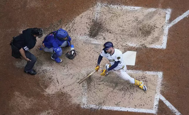 Milwaukee Brewers' Brice Turang strikes out swinging in the fifth inning of a baseball game against the Chicago Cubs, Saturday, June 29, 2024, in Milwaukee. (AP Photo/Aaron Gash)