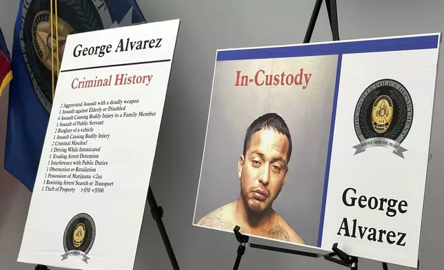 FILE - Poster boards regarding George Alvarez stand during a news conference on Monday, May 8, 2023, in Brownsville, Texas. A Texas jury has found Alvarez guilty of intoxication manslaughter, Friday, June 28, 2024, over the deaths of eight people who were struck by an SUV that plowed into a crowded bus stop outside a migrant shelter on the U.S.-Mexico border. (AP Photo/Valerie Gonzalez, File)