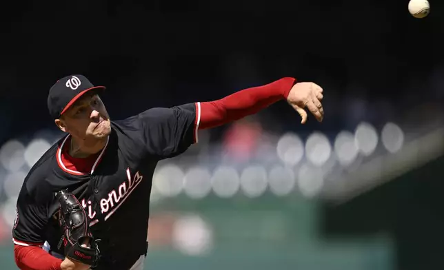 Washington Nationals starting pitcher Patrick Corbin throws during the first inning of a baseball game, Wednesday, June 19, 2024, in Washington. (AP Photo/John McDonnell)