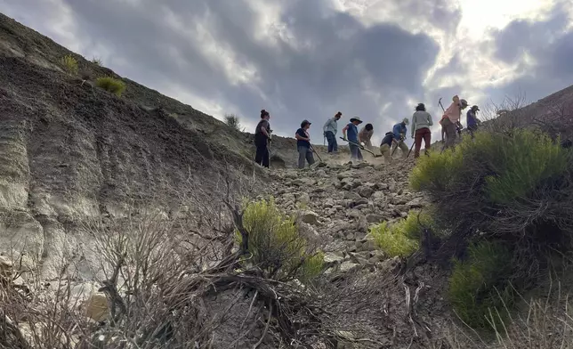 In a scene from the documentary "T.REX," vertebrate paleontologist Tyler Lyson, Natalie Toth and the expedition team begin the work of uncovering a juvenile T. rex in the Hell Creek Formation in North Dakota. (Andy Wood/Giant Screen Films via AP)