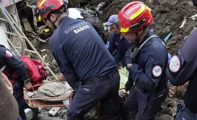Banos firefighters rescue the body of a person who died in a landslide in El Placer Ecuador, Monday, June 17, 2024. (AP Photo/Dolores Ochoa)