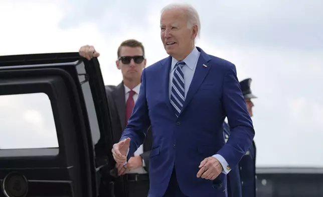 President Joe Biden arrives at Dobbins Air Reserve Base, Thursday, June 27, 2024, in Marietta, Ga., en route to Atlanta to attend the presidential debate. (AP Photo/Evan Vucci)