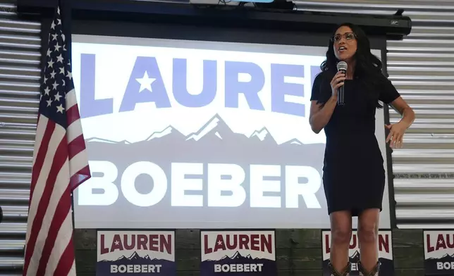Rep. Lauren Boebert, R-Colo., speaks to supporters during a primary election watch party Tuesday, June 25, 2024, in Windsor, Colo. (AP Photo/David Zalubowski)