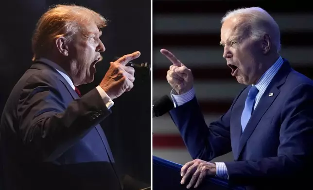 FILE - This combination of photos taken in Columbia, S.C. shows former President Donald Trump, left, on Feb. 24, 2024, and President Joe Biden on Jan. 27, 2024. (AP Photo)