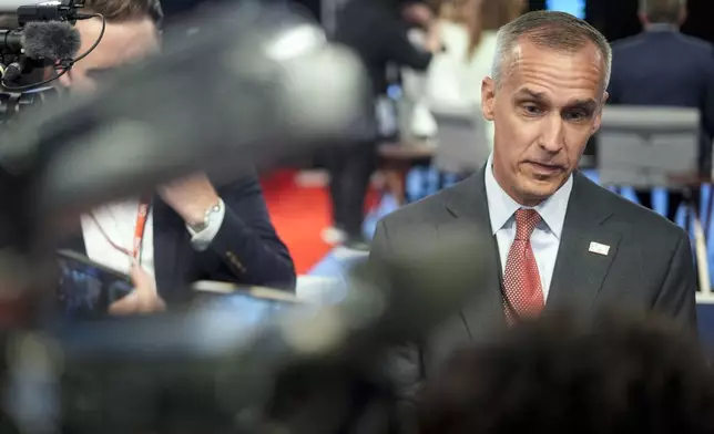 Corey Lewandowski speaks with reporters in the spin room before a presidential debate between President Joe Biden and Republican presidential candidate former President Donald Trump, hosted by CNN in Atlanta, Thursday, June 27, 2024.(AP Photo/Pablo Martinez Monsivais)