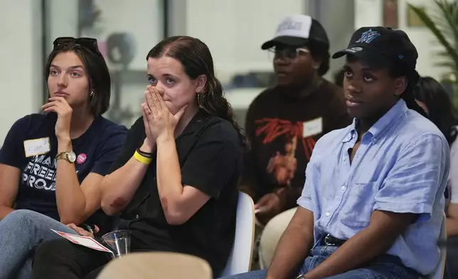 People react as they watch the debate between President Joe Biden and his Republican rival, former President Donald Trump, at a watch party organized by the Miami Freedom Project at the Center for Black Innovation in Overtown, Miami, Thursday, June 27, 2024. (AP Photo/Rebecca Blackwell)