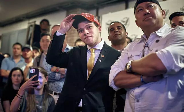 Trump supporter, Lucas Federico, 21 years old, from New York, center, watches the debate during the Young Republicans' Presidential debate watch party on Thursday, June 27, 2024, in New York as President Joe Biden faces former President Donald Trump during the first Presidential debate ahead of the 2024 elections. (AP Photo/Andres Kudacki)