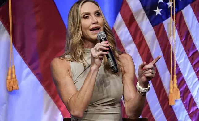 FILE - Lara Trump speaks at the North Carolina GOP convention in Greensboro, N.C., May 24, 2024. The Republican National Committee is launching a battleground state initiative to mobilize some 100,000 polling place monitors, poll workers and attorneys to serve as "election integrity" watchdogs in November. (AP Photo/Chuck Burton, File)