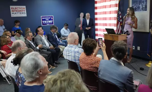 Republican National Committee Co-chair Lara Trump addresses an election integrity volunteer training program at the Oakland County GOP Headquarters, Friday, June 14, 2024 in Bloomfield Hills, Mich. (AP Photo/Carlos Osorio)