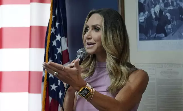 Republican National Committee Co-chair Lara Trump addresses an election integrity volunteer training program at the Oakland County GOP Headquarters, Friday, June 14, 2024 in Bloomfield Hills, Mich. (AP Photo/Carlos Osorio)