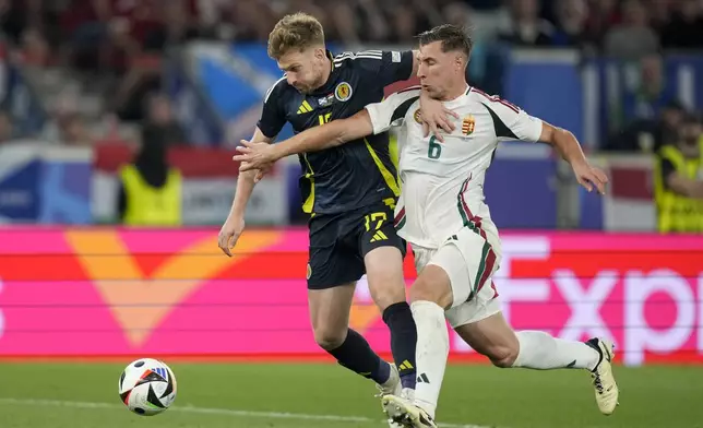 Scotland's Stuart Armstrong, left, and Hungary's Willi Orban, right, challenge for the ball during a Group A match between Scotland and Hungary at the Euro 2024 soccer tournament in Stuttgart, Germany, Sunday, June 23, 2024. (AP Photo/Matthias Schrader)