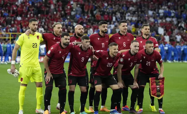 Albania team pose for a group photo prior to a Group B match between Italy and Albania at the Euro 2024 soccer tournament in Dortmund, Germany, Saturday, June 15, 2024. (AP Photo/Frank Augstein)