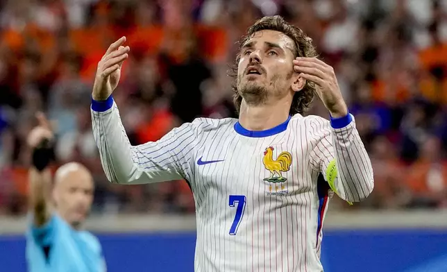 Antoine Griezmann of France reacts during a Group D match between the Netherlands and France at the Euro 2024 soccer tournament in Leipzig, Germany, Friday, June 21, 2024. (AP Photo/Antonio Calanni)