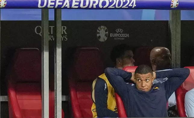 Kylian Mbappe of France reacts during a Group D match between the Netherlands and France at the Euro 2024 soccer tournament in Leipzig, Germany, Friday, June 21, 2024. (AP Photo/Ariel Schalit)